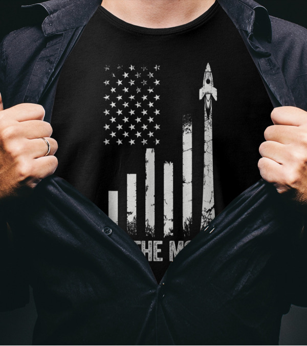 To The Moon Bitcoin Crypto US Flag Rocket WSB Trading T-Shirt