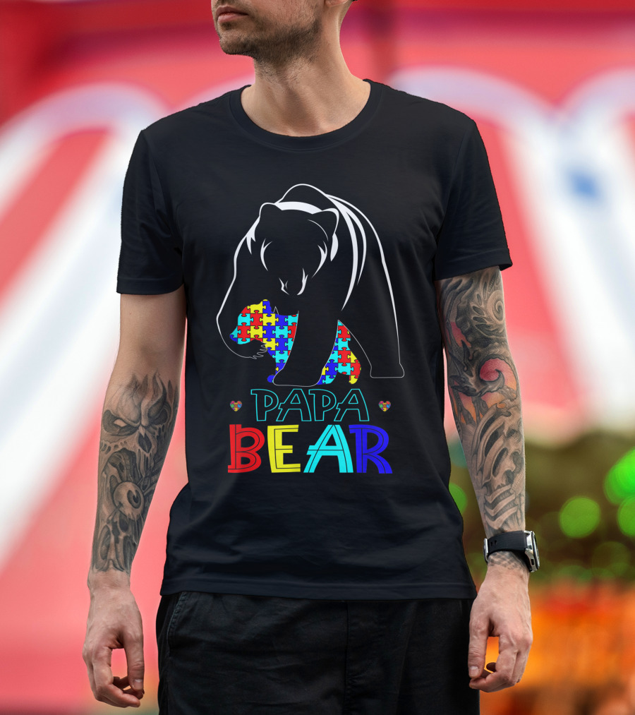 Papa Bear Autism Awareness Dad Love Support Puzzle T-Shirt