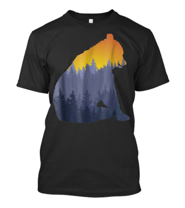 Black Bear Silhouette In Sunset Pine Tree Forest In Mountain T-Shirt