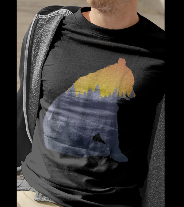 Black Bear Silhouette In Sunset Pine Tree Forest In Mountain T-Shirt