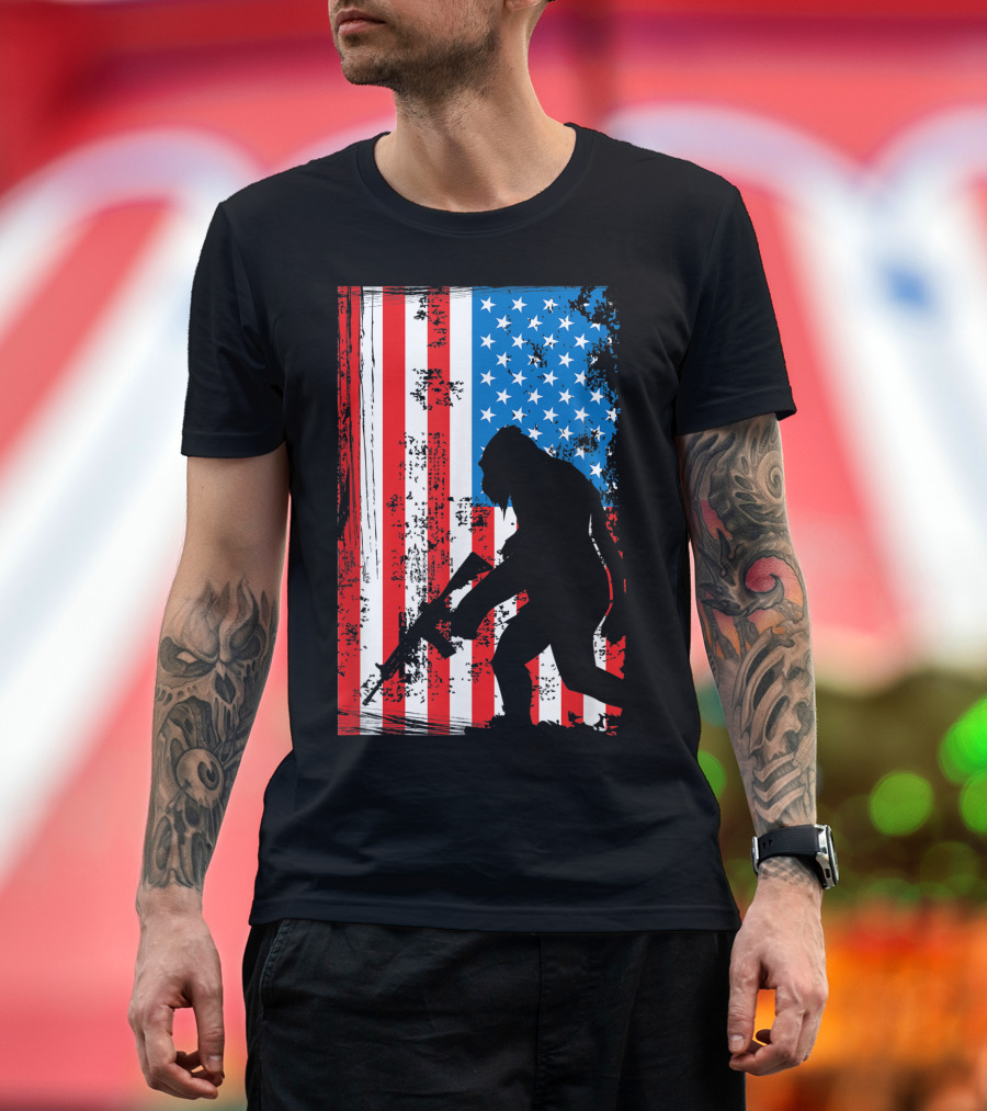 Bigfoot Sasquatch Armed AR-15 American Flag Patriotic T-Shirt