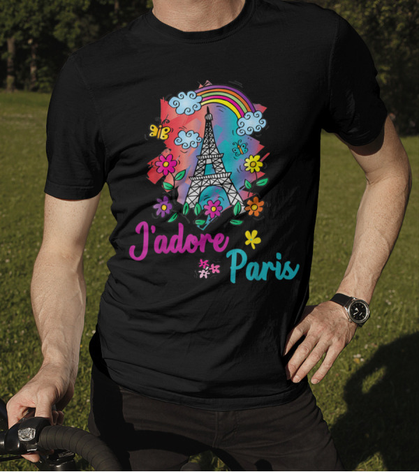 Jadore Paris Eiffel Tower Rainbow With Flowers And Butterflies T-Shirt