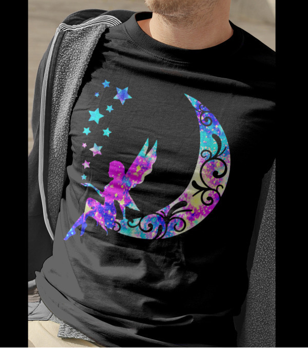 Magical Fairy On Crescent Moon With Stars And Swirls Making Dreams Come True T-Shirt