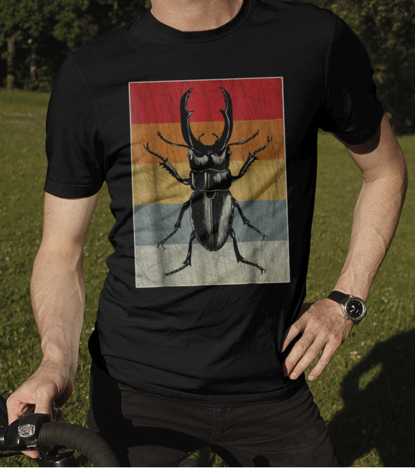 Retro Stag Beetle Rainbow Stripes Vintage Cool T-Shirt