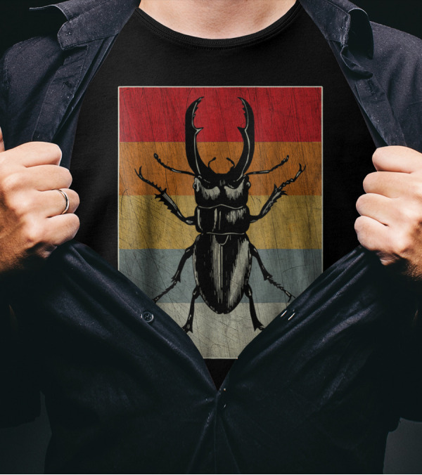 Retro Stag Beetle Rainbow Stripes Vintage Cool T-Shirt