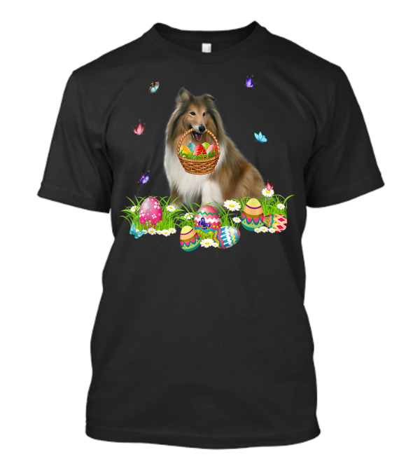 Rough Collie Bunny Dog Easter Eggs Basket With Butterflies T-Shirt