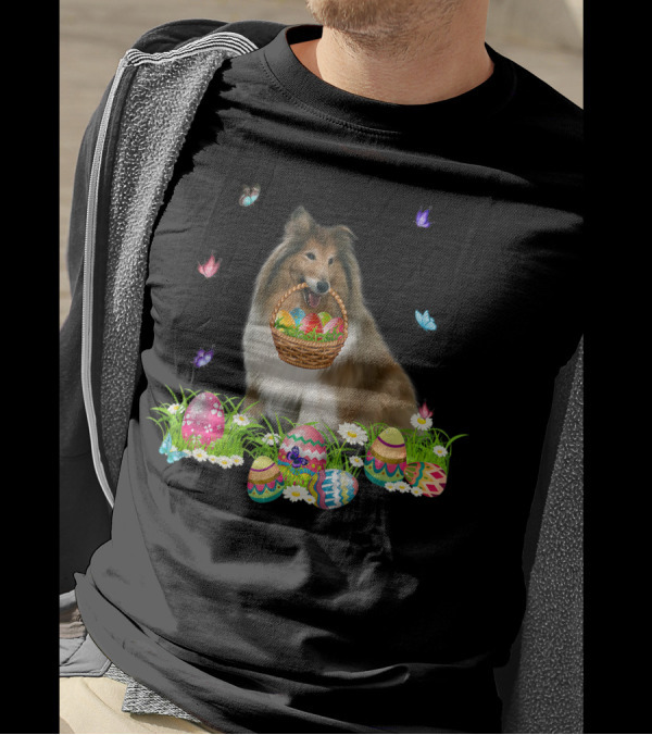 Rough Collie Bunny Dog Easter Eggs Basket With Butterflies T-Shirt