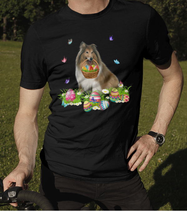 Rough Collie Bunny Dog Easter Eggs Basket With Butterflies T-Shirt