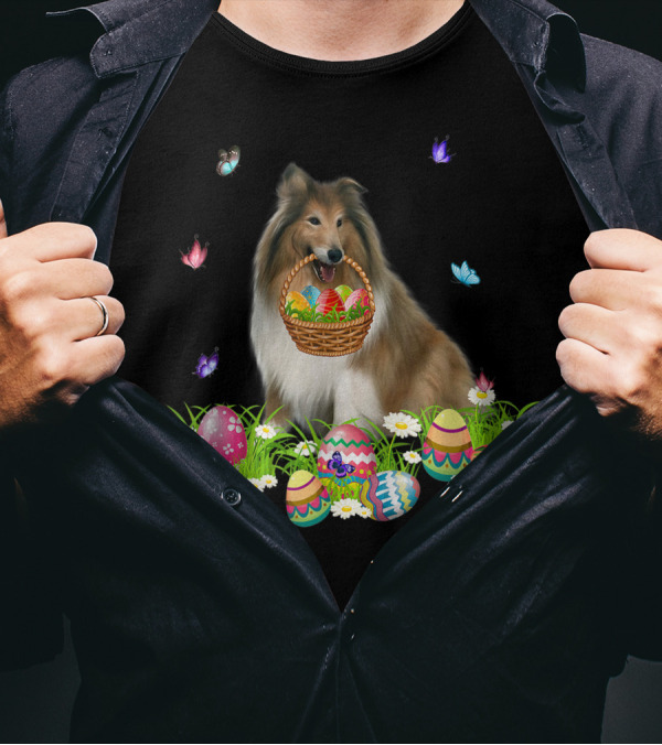 Rough Collie Bunny Dog Easter Eggs Basket With Butterflies T-Shirt