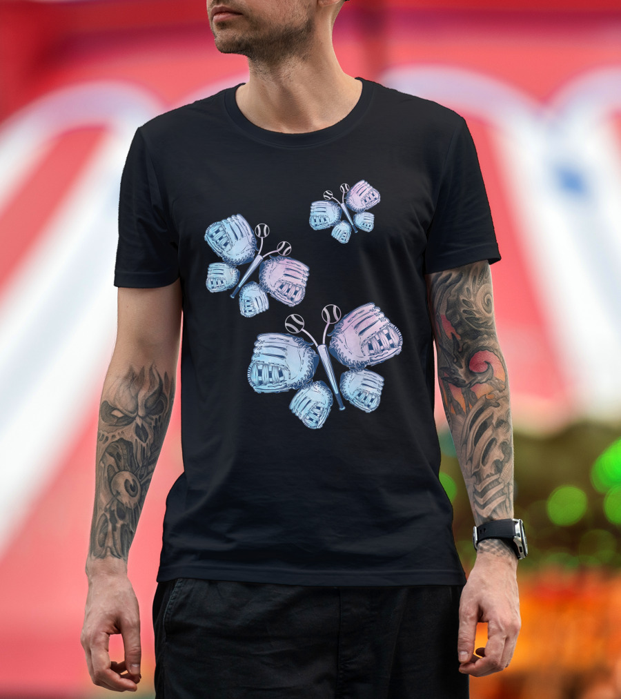 Softball and Baseball Glove Butterfly with Bats and Balls T-Shirt