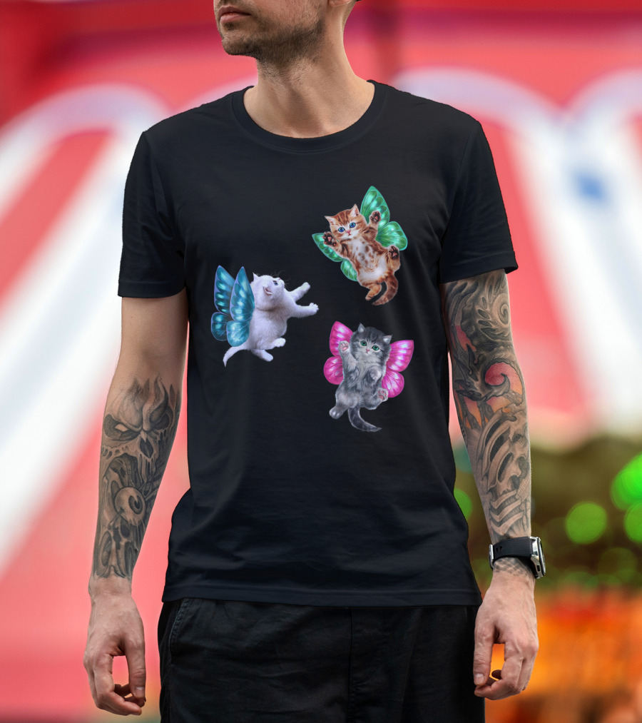 Kitten Cupid Angel Butterfly Wings Cute Cat Trio T-Shirt