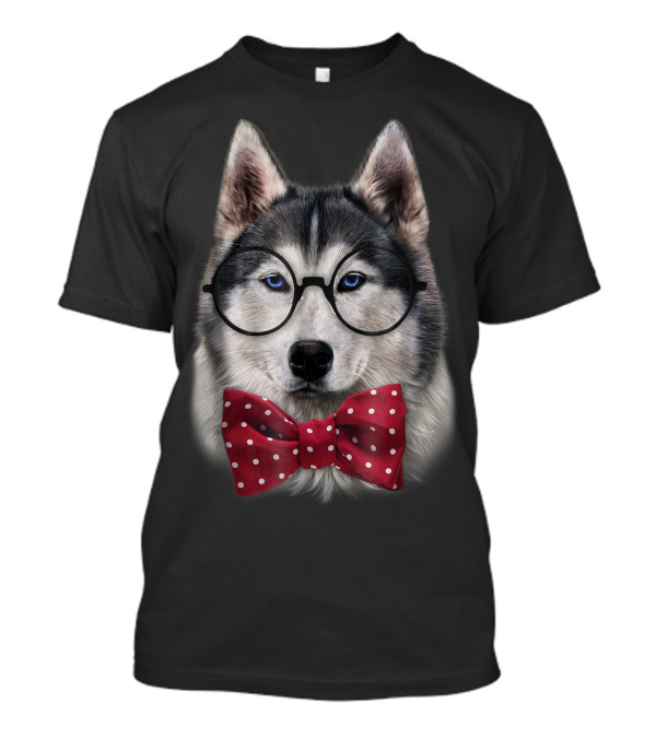 Smart Siberian Husky Glasses Polka Dot Bow Tie Bust T-Shirt