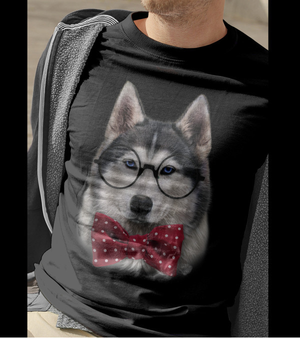 Smart Siberian Husky Glasses Polka Dot Bow Tie Bust T-Shirt