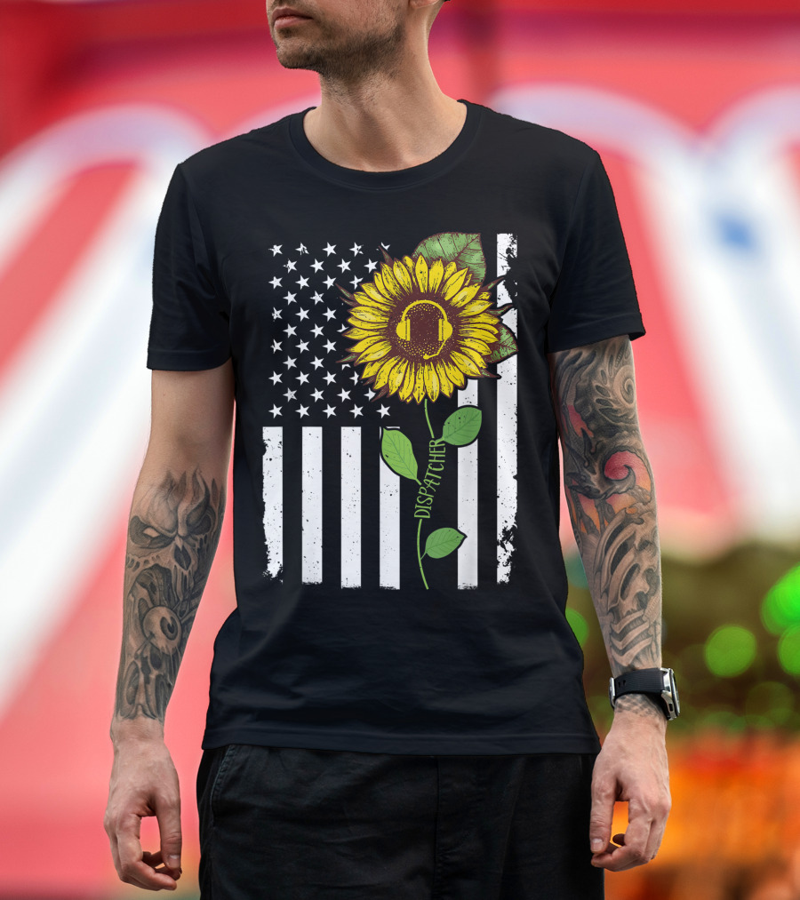 American Flag Sunflower Headphones Dispatcher Hippie T-Shirt