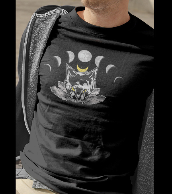 Black Cat Crystal Lunar Moon Phases Darkwave Goa Aesthetic T-Shirt