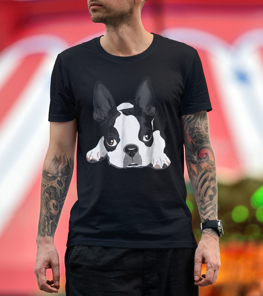 Boston Terrier Dog Peeking Puppy Face T-Shirt