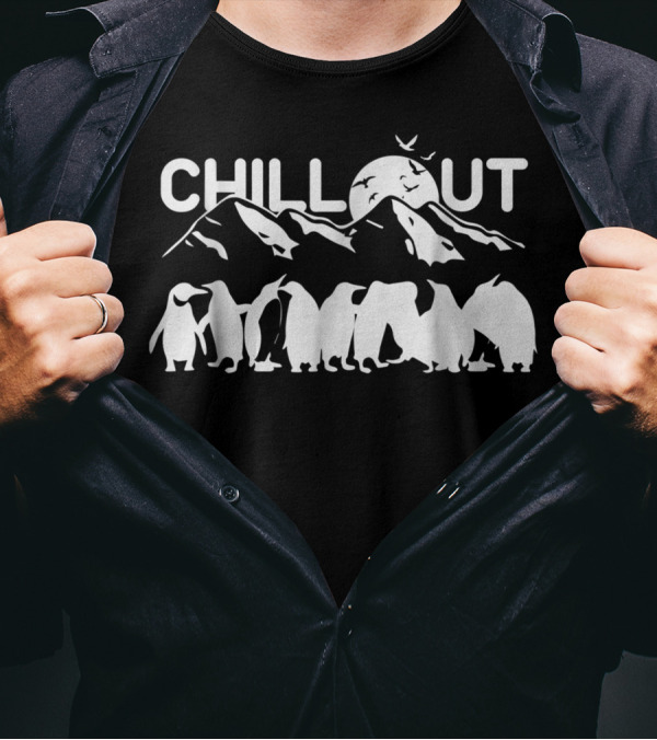 Chill Out Penguin And Mountain Scene With Penguins And Moon T-Shirt