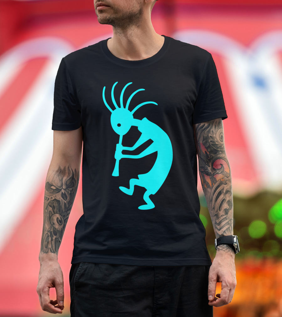 Cyan Blue Kokopelli Native Southwestern Petroglyph T-Shirt