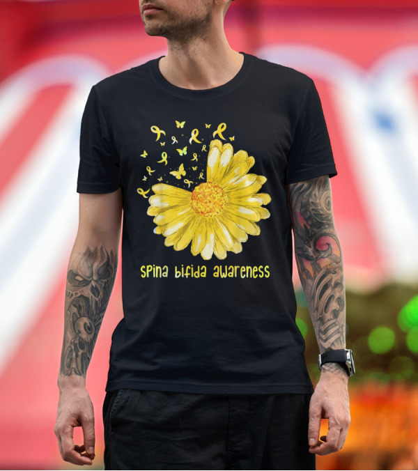 Premium T-Shirt: Daisy Butterfly Yellow Ribbon Spina Bifida Awareness Flower T-Shirt Daisy Butterfly Yellow Ribbon Spina Bifida Awareness Flower T-Shirt