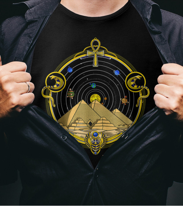 Egyptian Pyramids Ankh Symbol Eye Of Horus Sacred Geometry Cosmic Universe Planets Sphinx T-Shirt