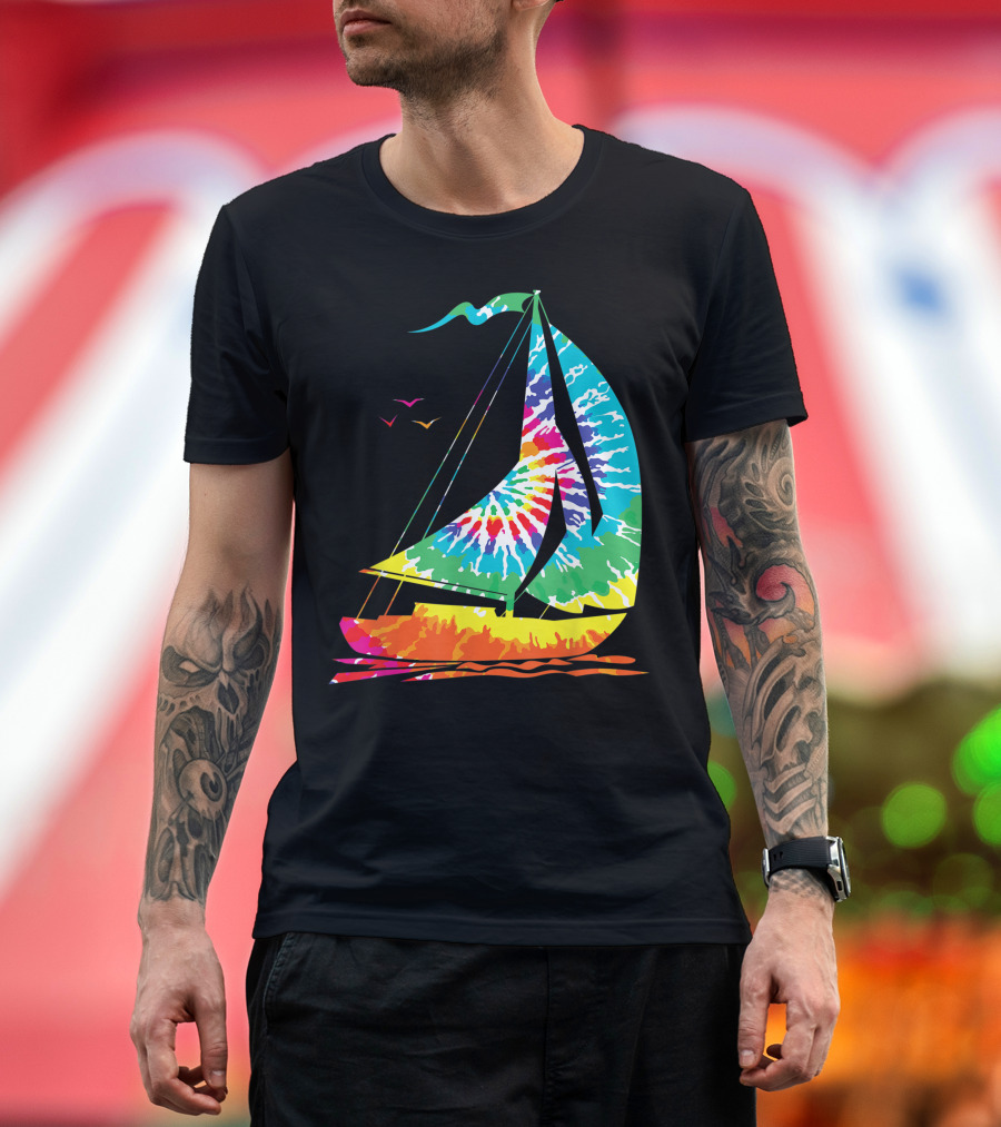 Hippie Rainbow Tie Dye Sailboat Fun Sailing Ocean View T-Shirt