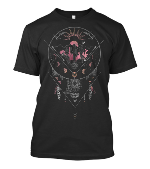 Geometric Desert Scene Moon Phases Boho Cactus Sun Triangles Feathers Floral 3G T-Shirt