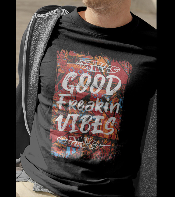 Good Freakin Vibes Hippie Boho Patchwork Feather Decor T-Shirt