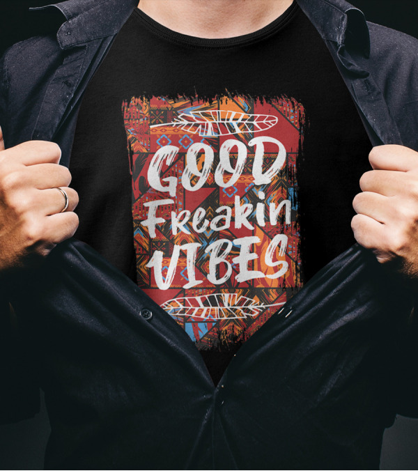 Good Freakin Vibes Hippie Boho Patchwork Feather Decor T-Shirt