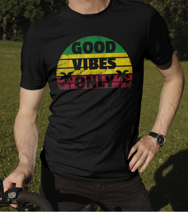 Good Vibes Only Rasta Jamaican Reggae Palm Trees Green Yellow Red Stripes T-Shirt