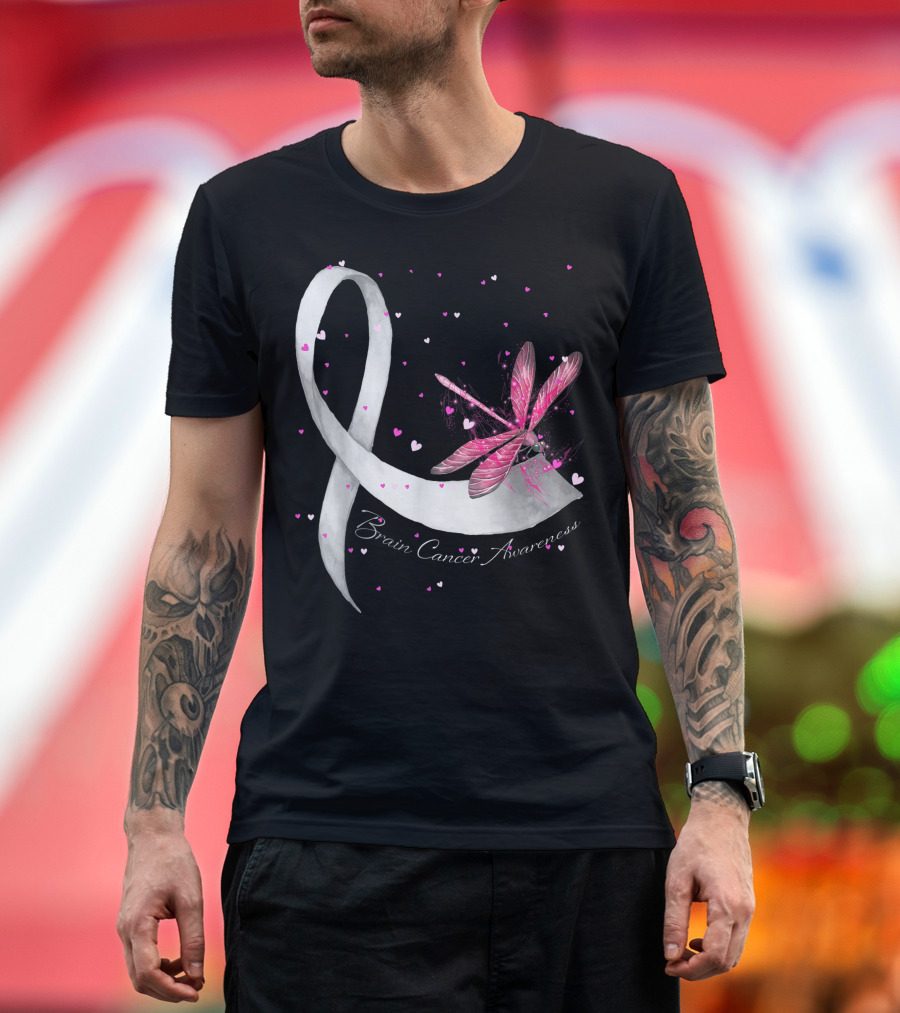 Brain Cancer Awareness Hippie Dragonfly Gray Ribbon S6 T-Shirt