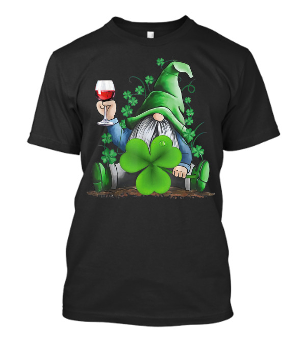Hippie Gnome Holding Wine Surrounded By Shamrocks T-Shirt