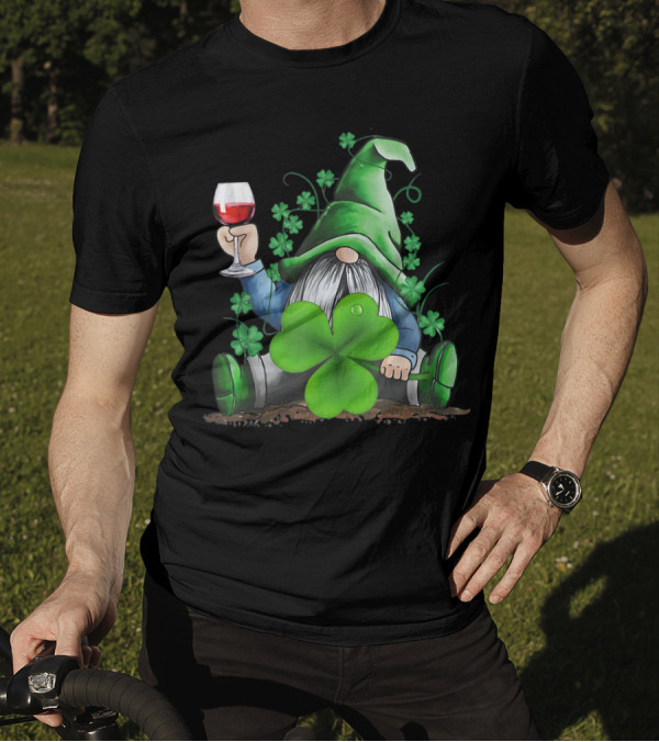 Hippie Gnome Holding Wine Surrounded By Shamrocks T-Shirt