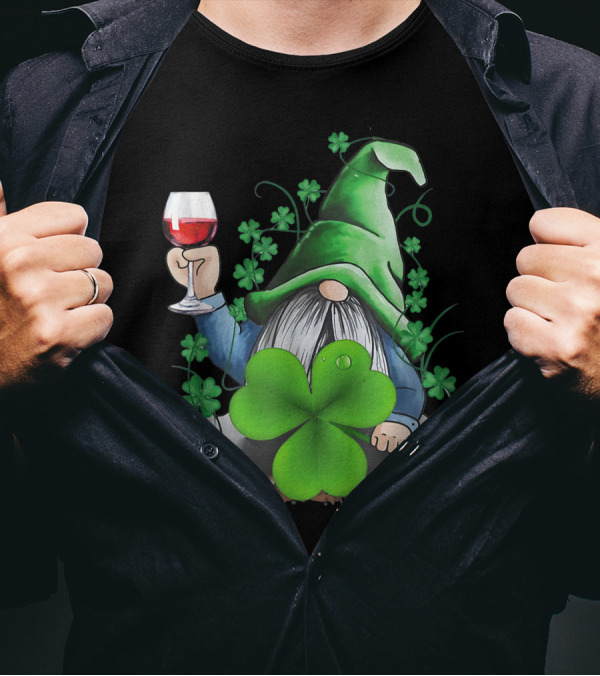 Hippie Gnome Holding Wine Surrounded By Shamrocks T-Shirt