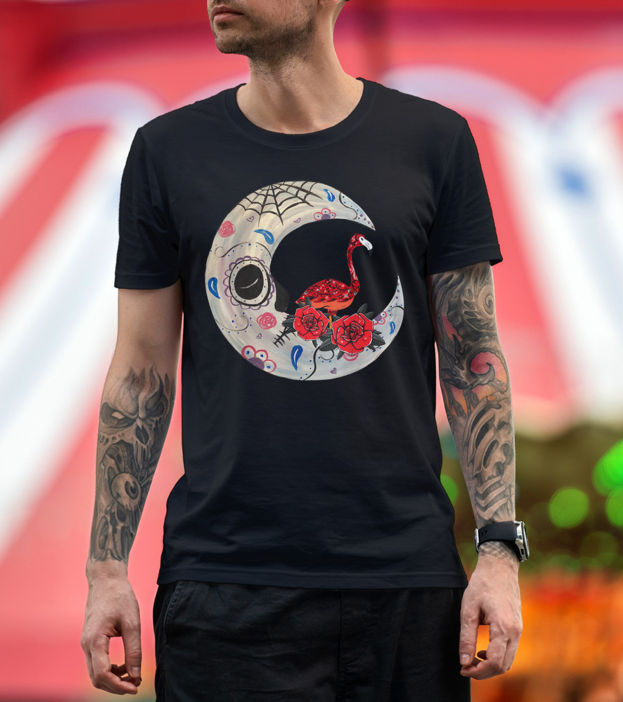 Hippie Sugar Skull Flamingo with Roses on Spooky Moon T-Shirt