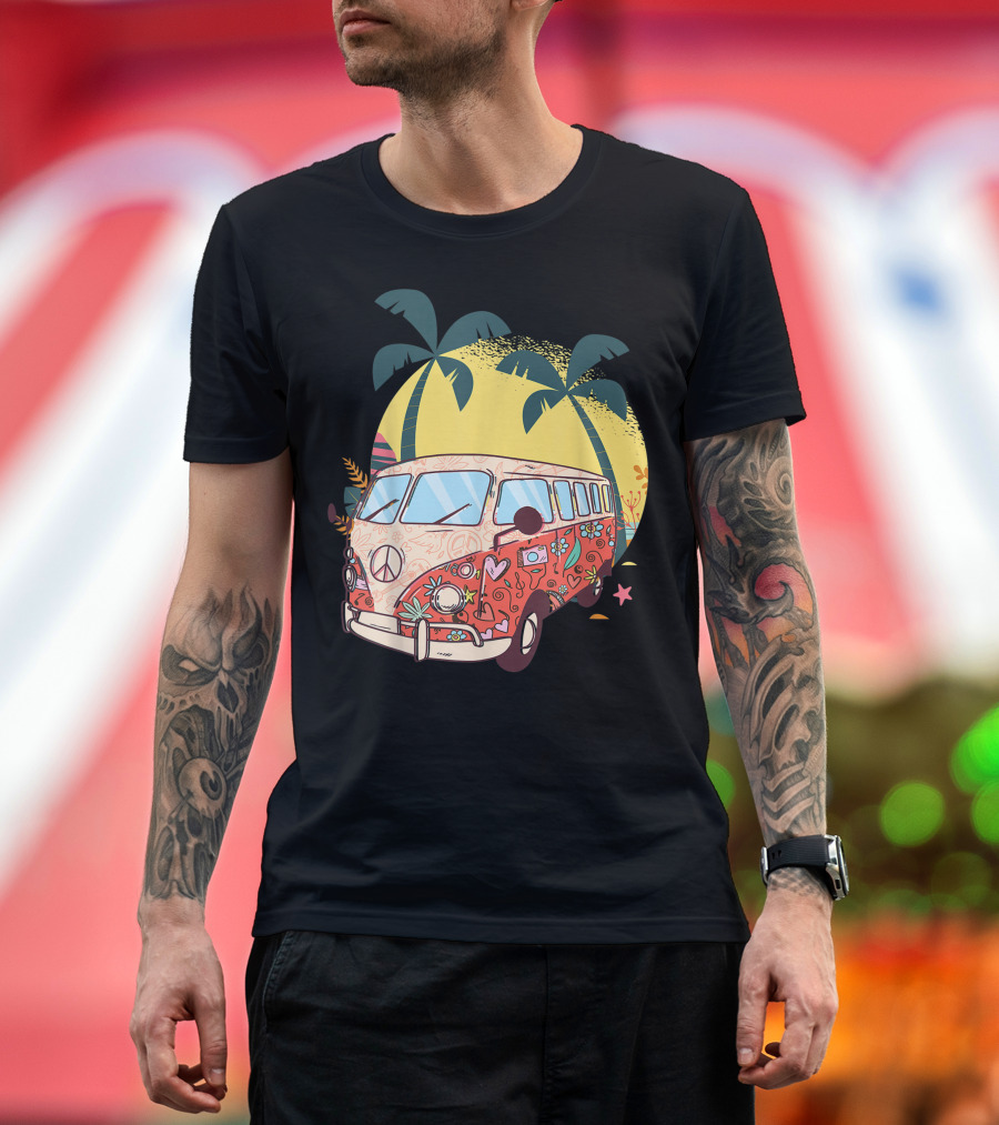 Hippy Bus Van Flower Power Vintage 60s 70s with Peace Sign and Tropical Palm Trees T-Shirt