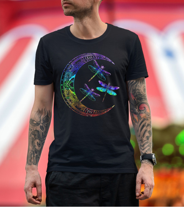 Premium T-Shirt: Mandala Crescent Moon with Colorful Dragonflies Chakra T-Shirt Mandala Crescent Moon with Colorful Dragonflies Chakra T-Shirt