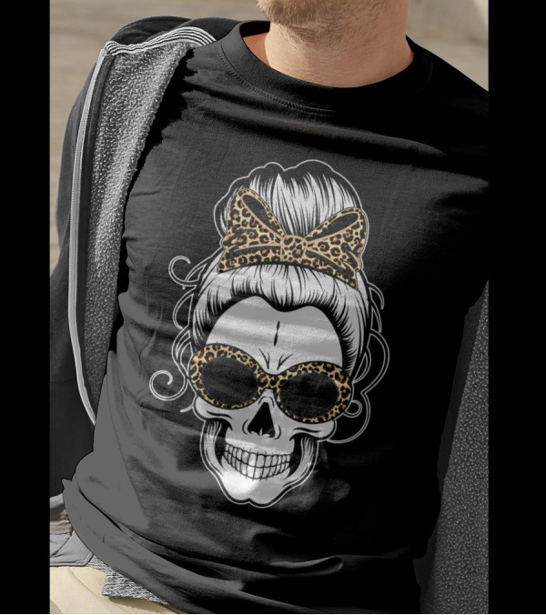 Messy Bun Skull Leopard Print Bow Sunglasses T-Shirt
