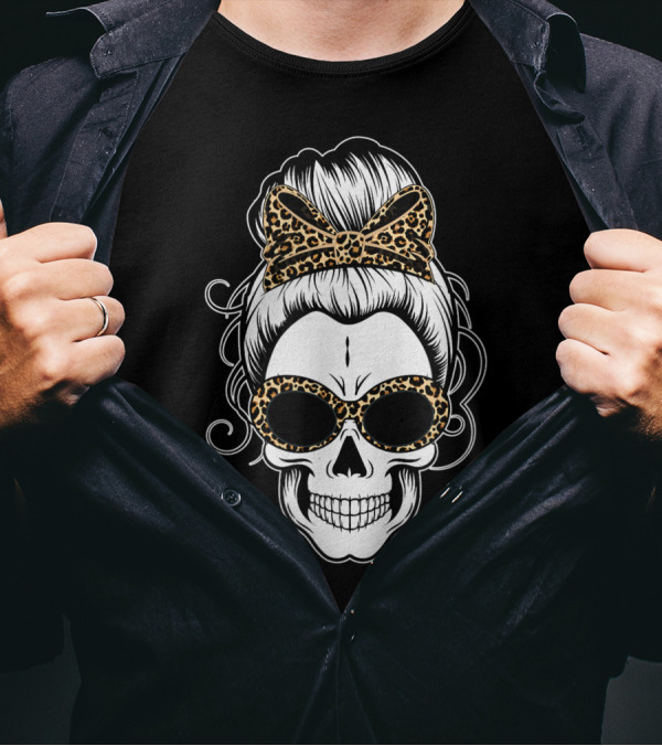 Messy Bun Skull Leopard Print Bow Sunglasses T-Shirt