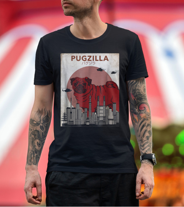 Premium T-Shirt: Pugzilla Japanese Movie Poster Style with Helicopters and Cityscape T-Shirt Pugzilla Japanese Movie Poster Style with Helicopters and Cityscape T-Shirt