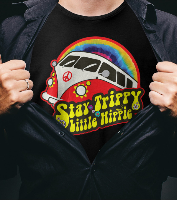 Stay Trippy Little Hippie Van Peace Symbol Rainbow 60s 70s Psychedelic Bus T-Shirt