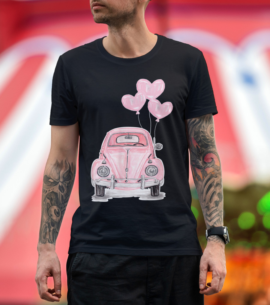 Pink Beetle Buggy with Heart Balloons for Hippie Auto Lovers T-Shirt