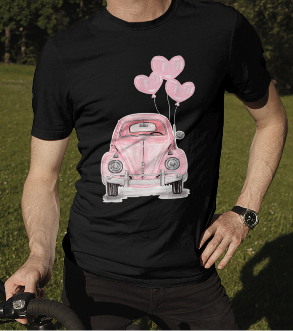 Pink Beetle Buggy With Heart Balloons For Hippie Auto Lovers T-Shirt