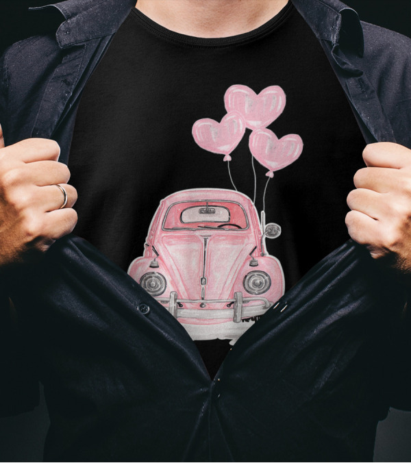 Pink Beetle Buggy With Heart Balloons For Hippie Auto Lovers T-Shirt