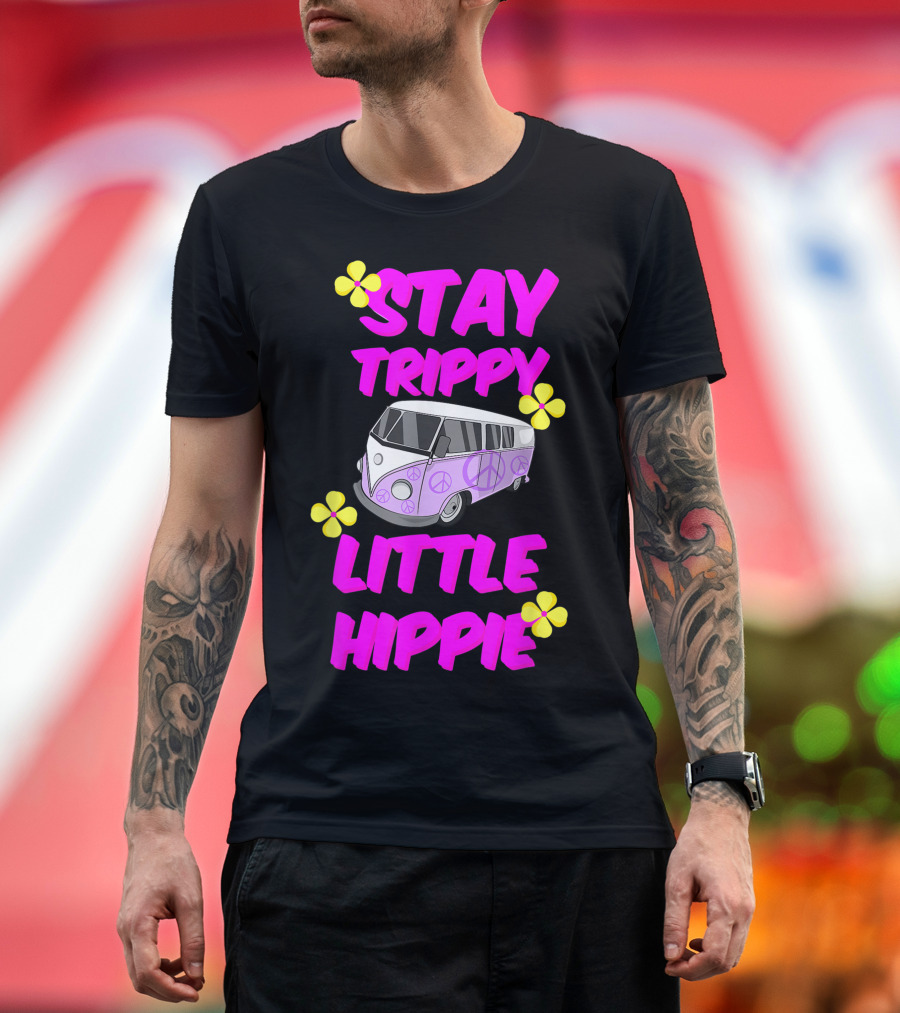 Stay Trippy Little Hippie Peace Sign Minibus Van Vibrant Flower Accents T-Shirt