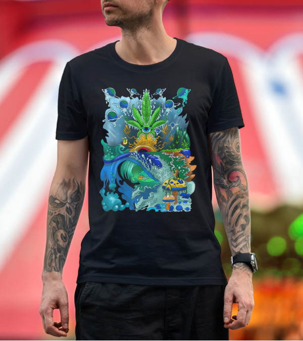 Premium T-Shirt: Hippie Trippy Surfer Cannabis Stoner Weed Art Psychedelic Ocean Mushrooms Waves T-Shirt Hippie Trippy Surfer Cannabis Stoner Weed Art Psychedelic Ocean Mushrooms Waves T-Shirt
