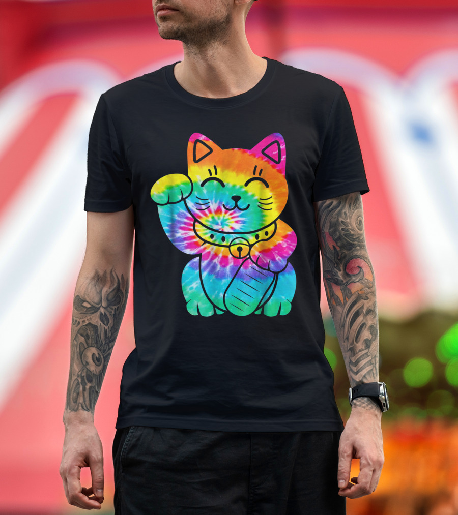Maneki Neko Tie Dye Rainbow Trippy Hippie T-Shirt