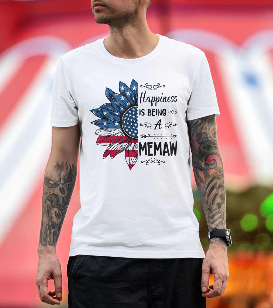 Happiness Is Being A Memaw Sunflower American Flag Patriotic 4th of July T-Shirt