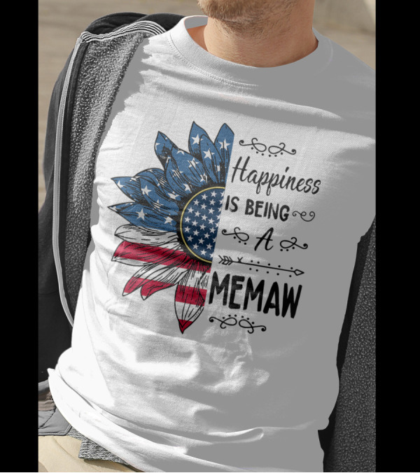 Happiness Is Being A Memaw Sunflower American Flag Patriotic 4th Of July T-Shirt