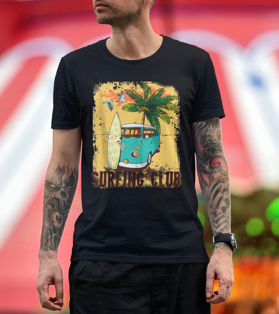 Surfing Club Summer Beach Hippie Van Bus Surfboard Palm Tree T-Shirt