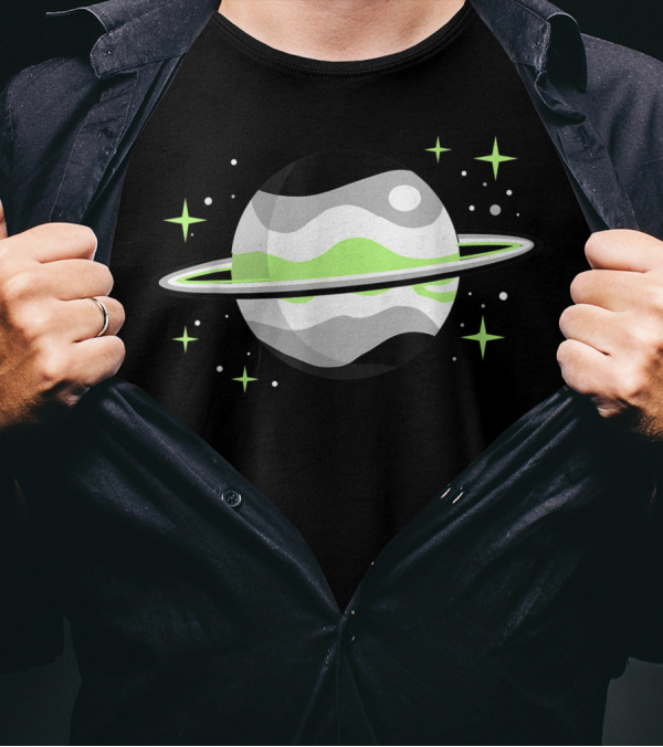 Agender Nonbinary Pride Planet With Green And White Outer Space Rings And Stars T-Shirt